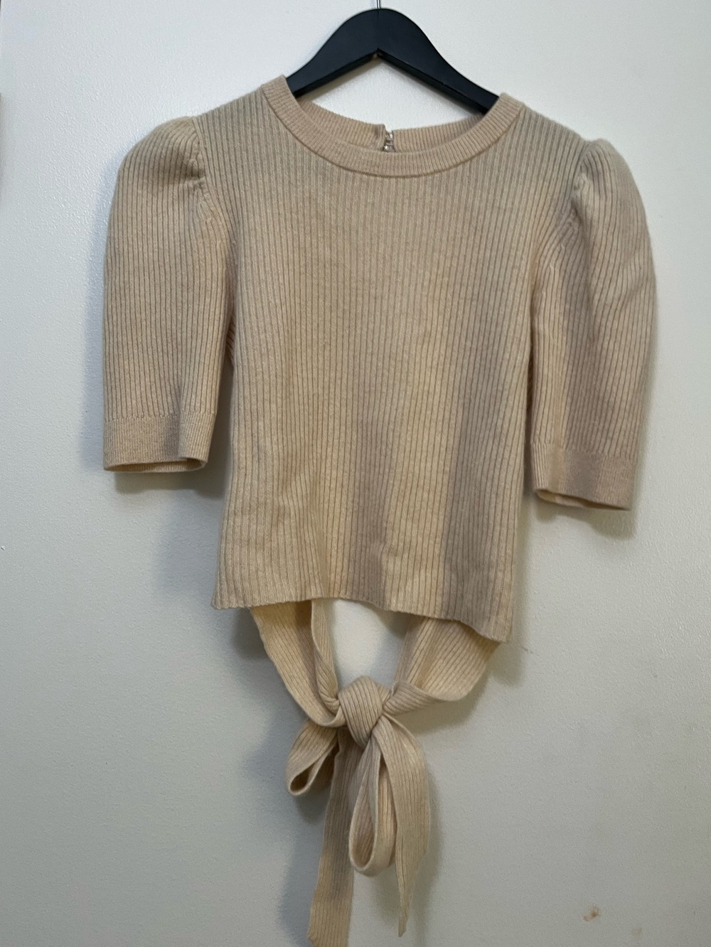 Reformation Tan Cashmere Ribbed Knit Open Back Puff Sleeve Alida Sweater Sz. S - Picture 3 of 12